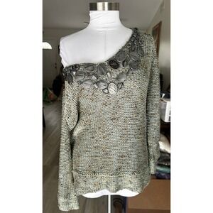 BCBGMAXAZRIA XL Green Marled Embellished V-Neck Chunky Knit Sweater